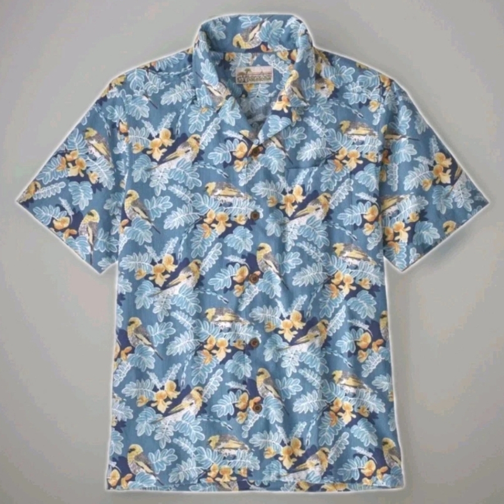 Pataloha Hawaiian Shirt Men XL Blue Tropical Floral Birds Organic Cotton Resort